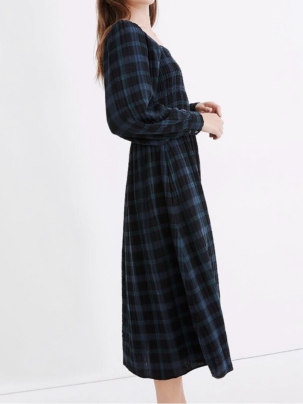 Madewell Navy and Black Plaid Long Sleeve Midi Dress